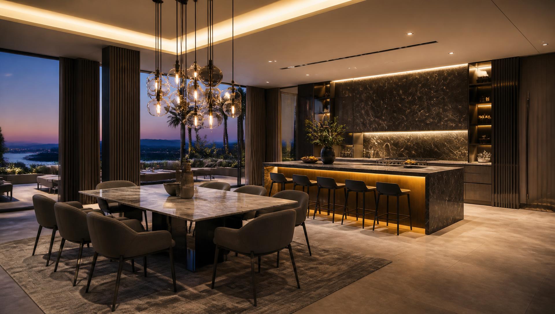 Kitchen and dining, held under glass.